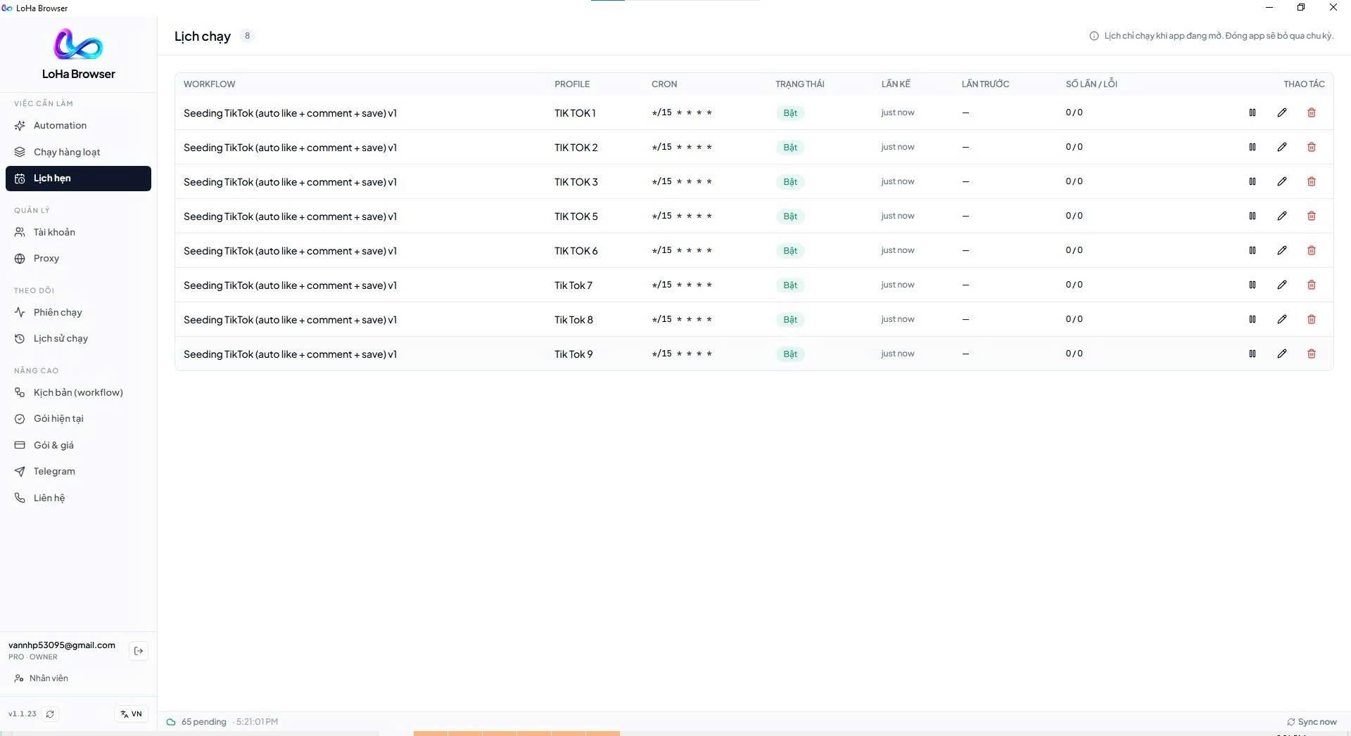 Bảng Lịch chạy: workflow, profile, biểu thức cron, trạng thái Bật và lần chạy kế tiếp
