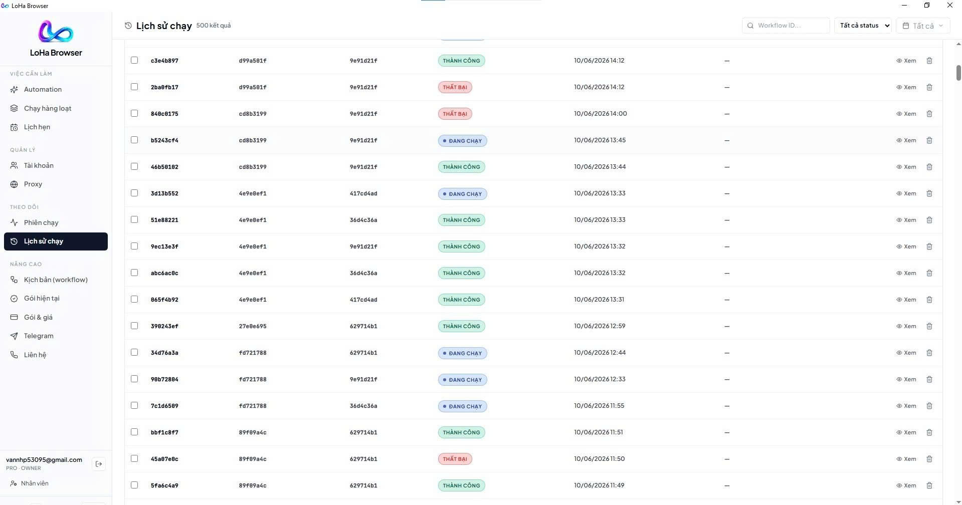 Bảng Lịch sử chạy: mã run, workflow, profile, trạng thái thành công/thất bại và nút xem chi tiết
