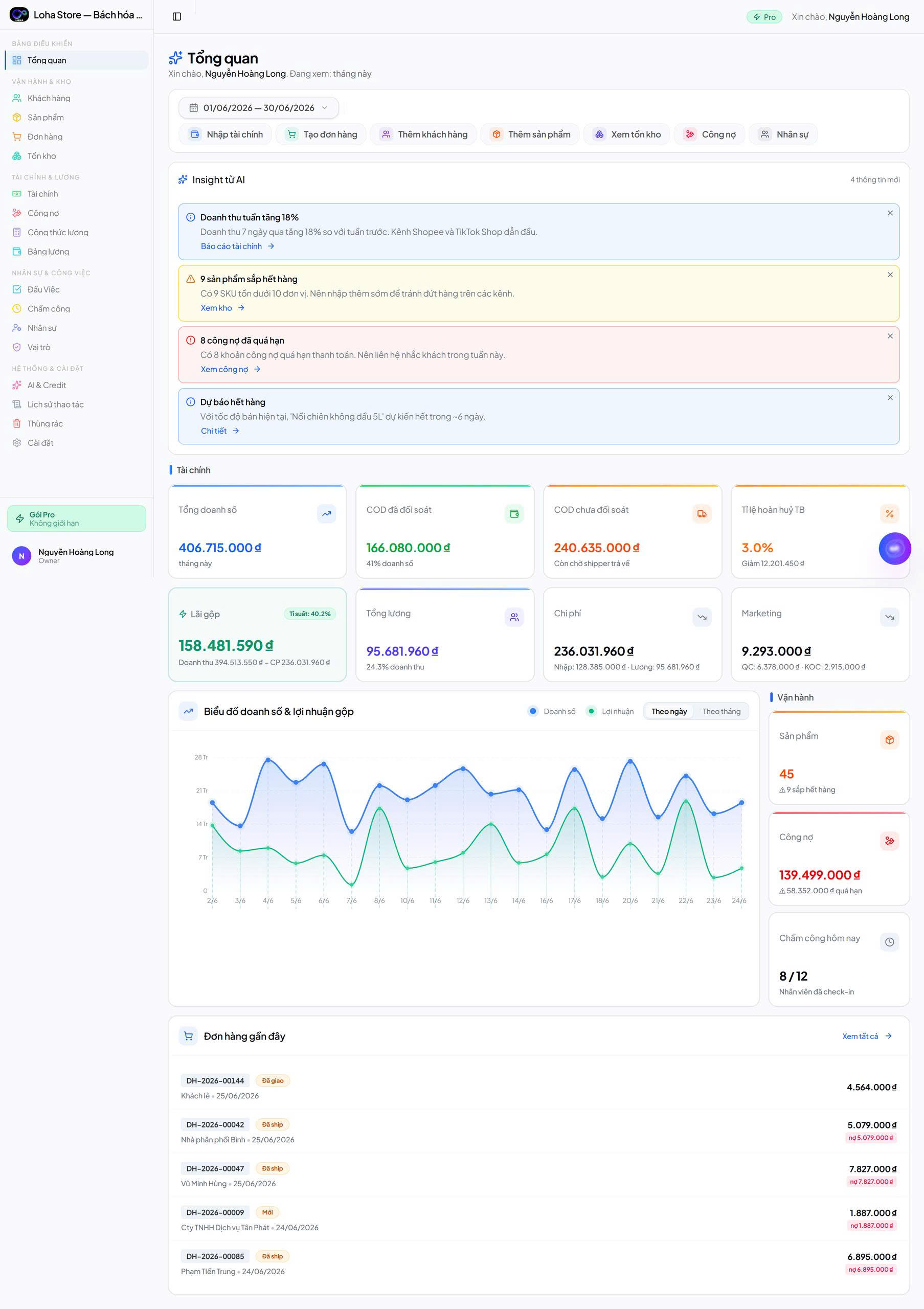 Màn Tổng quan ERP — Insight AI, KPI tài chính, biểu đồ doanh số và lợi nhuận