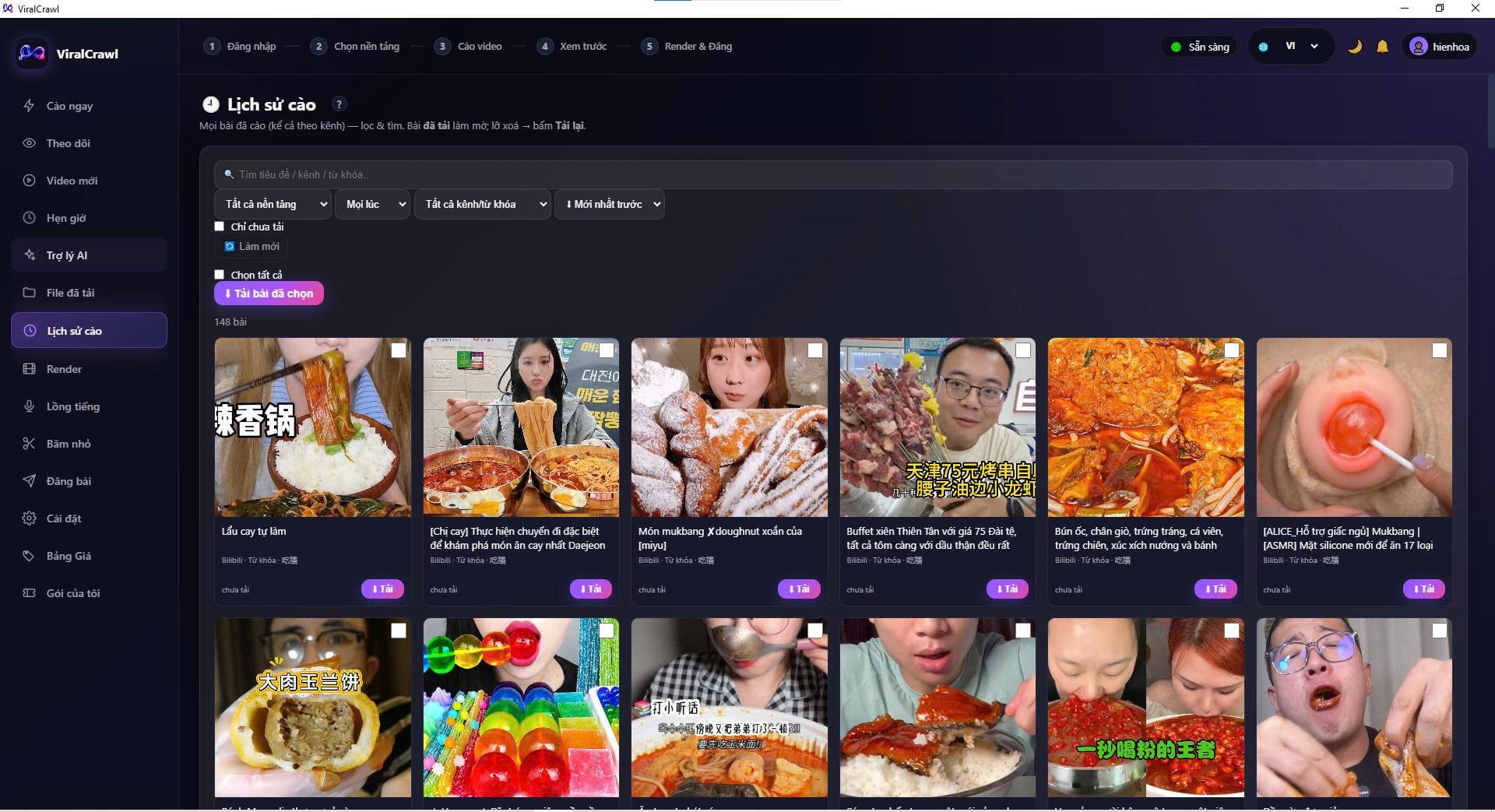 Màn Lịch sử cào — toàn bộ video đã quét từ 6 nền tảng hiển thị dạng lưới, lọc theo nền tảng/kênh/từ khóa, mỗi video có nút Tải về máy